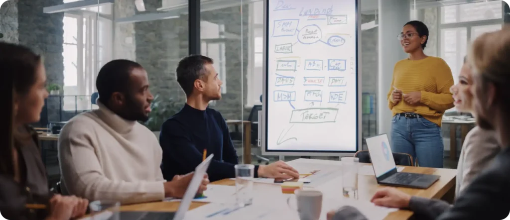 About Us a group of men sitting at a table looking at a white board