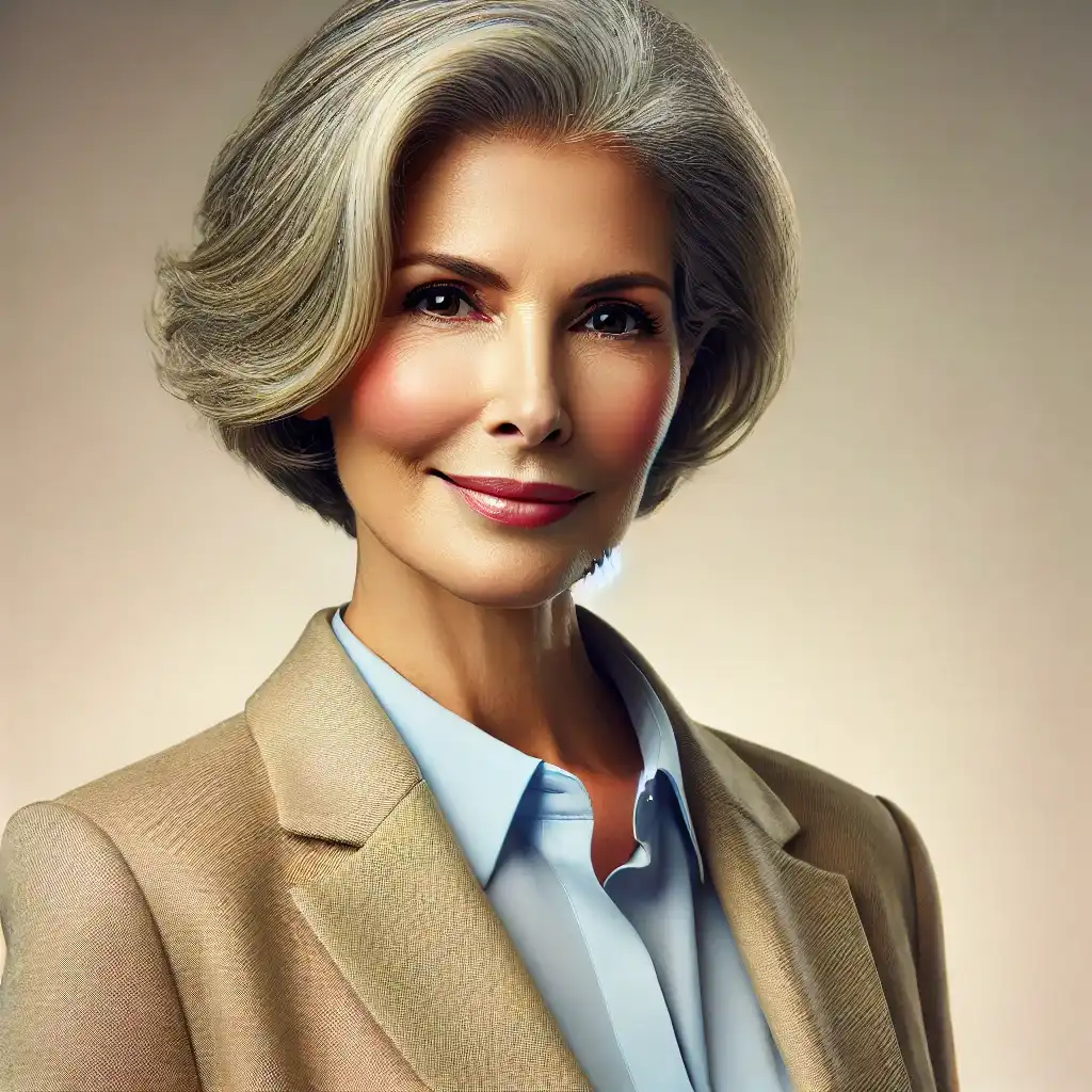 Home 21 DALL·E 2025 01 02 17.46.31 A professional headshot of a confident older woman in her 60s. She has short silver gray hair wears a stylish beige blazer with a light blue shirt a